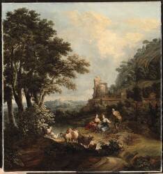 Paysage avec bergers, bergères et château dans le goût romain. (Pierre-Salomon Domenchin de...) - Muzeo.com