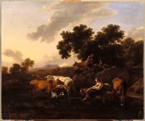 Pâtres gardant un troupeau au bord de l'eau (Nicolaes Berchem) - Muzeo.com