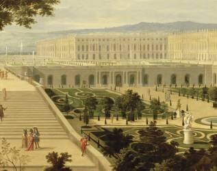 Vue de l'Orangerie, des escaliers des Cent-Marches et du château de Versailles vers 1695 (Jean-Baptiste Martin l'Ancien) - Muzeo.com