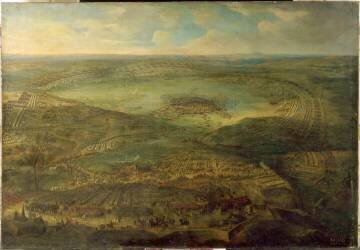 Vue panoramique des travaux du siège de Mons par Louis XIV en avril 1691 (Jean-Baptiste Martin l'Ancien) - Muzeo.com