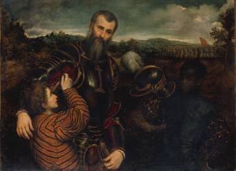 Portrait d'un homme en armure avec deux serviteurs (Paris Bordone) - Muzeo.com