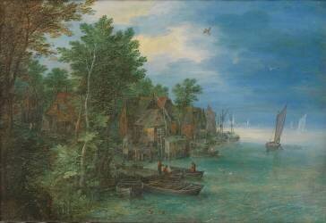 Vue d'un village le long d'une rivière (Jan Brueghel l'Ancien) - Muzeo.com
