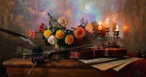Still life with violin and flowers (Andrey Morozov) - Muzeo.com