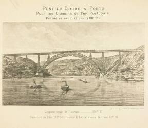 Deux trains sur le pont Maria Pia sur le Douro. Photo d'une peinture (anonyme) - Muzeo.com
