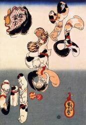 A number of cats intended to represent the Japanese kanji character for 'Catfish' namazu (Utagawa Kuniyoshi) - Muzeo.com