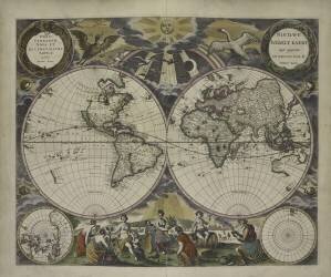 Double-hemisphere world map from Goos's Sea Atlas of the Water World (Pieter Goos) - Muzeo.com