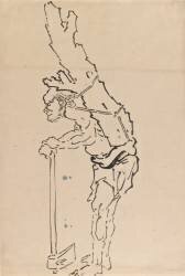 Drawing of a man resting on an axe and carrying part of a tree trunk on his back (Hokusai) - Muzeo.com