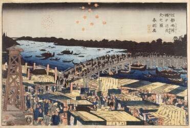 Fireworks in the cool of the evening at the Ryosoku bridge (Hokusai) - Muzeo.com