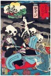 Horikoshi Masatomo tormented on his sickbed by ghosts at Hosokute Station on the Kisokaido (Nakasendo) (Utagawa Kuniyoshi) - Muzeo.com