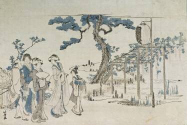 Ladies Visiting the Wisteria Gardens at Kameido (Hokusai) - Muzeo.com