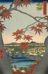 Maple leaves and the Tekona Shrine, and the Bridge at Mama (Hiroshige) - Muzeo.com