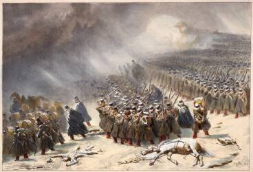 Marche sur Constantine, l'armée quitte Raz-Oued-Zenati (20 novembre 1836) (Auguste Raffet (d'après)) - Muzeo.com