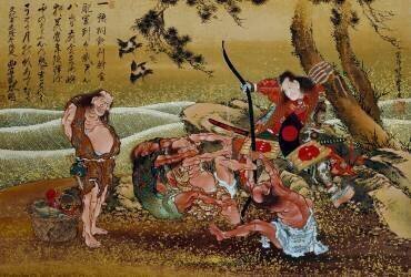 Minamoto no Tametomo challenging the wild inhabitants of Onoshima island to test their strength against him (Hokusai) - Muzeo.com