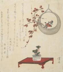 New Year\'s Flower Arrangement on a Table and in a Hanging Vase (Keisai Eisen) - Muzeo.com