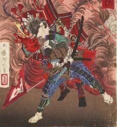 Okubo Hikozaemon rescuing Tokugawa Ieyasu on the battlefield (Tsukioka Yoshitoshi) - Muzeo.com
