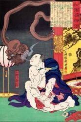 Onogawa Kisaburo blows smoke in the face of a goblin (Tsukioka Yoshitoshi) - Muzeo.com