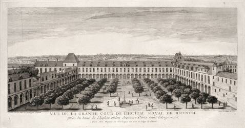 Planche 120 : vue de la grande cour de l'hôpital royal de Bicêtre près de Paris, vers 1740 (Jacques Rigaud) - Muzeo.com