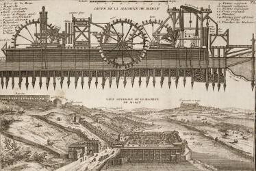Planche 72: représentation de la Machine de Marly vers 1715 (Nicolas de Fer) - Muzeo.com