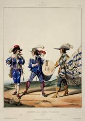 Régiment des Gardes françaises, sous Louis XIII, 1630 : fifre, tambour et enseigne (Gustave David) - Muzeo.com