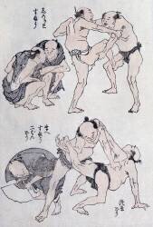 Studies of gestures and postures of wrestlers (Hokusai) - Muzeo.com