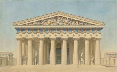 Temple T à Sélinonte (Sicile) : élévation, restitution de la façade principale (Jacques-Ignace Hittorf) - Muzeo.com