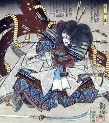The mortally wounded Taira Tomomori with a huge anchor (Utagawa Kuniyoshi) - Muzeo.com