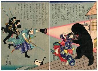 The Obake monster bites off a woman's hair (Utagawa Yoshifuji) - Muzeo.com