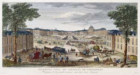 Vue du château de Versailles, prise de la grande avenue entre les deux écuries (Jacques Rigaud) - Muzeo.com