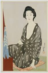 A beauty in a black kimono with white hanabishi patterns, seated before a mirror, 1920 (Goyo Hashigushi) - Muzeo.com