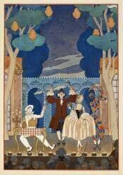 Pantomine. Pierrot et Arlequin. Un homme et une jolie femme. Le tout sur une scène (George Barbier) - Muzeo.com