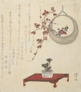 Arrangement de fleurs du Nouvel An sur une table et dans un vase suspendu (Keisai Eisen) - Muzeo.com
