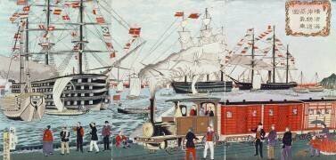 Cadeau offert par le Commodore Perry aux japonais pour un chemin de fer en 1853 (Hiroshige) - Muzeo.com