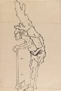 Dessin d'un homme s'appuyant sur une hache et portant une partie d'un tronc d'arbre sur son dos (Hokusai) - Muzeo.com