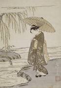 Egoyomi (estampe calendrier) ; jeune femme regardant une grenouille ; Ono no Tôfu (mitate) (Suzuki Harunobu) - Muzeo.com