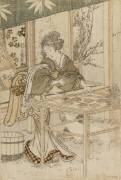 Femme avec fleurs chez elle, tenant une coupelle remplie de perles (Hokusai) - Muzeo.com