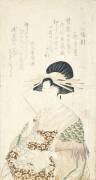 Femme tenant un livre, un châle sur le dos (Hokusai) - Muzeo.com