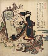 Femme versant du liquide d'un tonneau dans une grande tasse tenue par un guerrier (Hokusai) - Muzeo.com