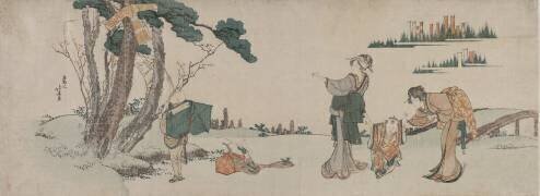 Femmes distrayant un enfant dont le cerf-volant est pris dans un arbre (Hokusai) - Muzeo.com