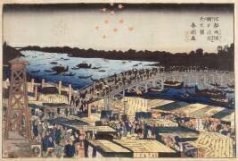 Feux d'artifice dans la fraîcheur du soir au pont de Ryosoku (Hokusai) - Muzeo.com