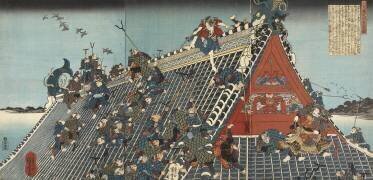 Hakkenden no uchi : Hôryû-kaku; Sur le toit à Hôryû-kaku (Utagawa Kunisada) - Muzeo.com