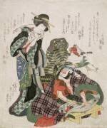 Ichikawa Danjuro et Ichikawa Monnosuke dans le rôle de Jagekiyo et Iwai Kumesaburo. (Hokusai) - Muzeo.com
