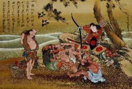 L'archer Tametomo défie les sauvages d'Onoshima de parvenir à bander son arc (Hokusai) - Muzeo.com