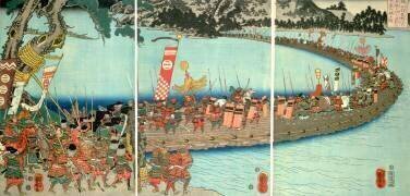 Le Pont aux bateaux à la Bataille de la Nagaragawa (Utagawa Kuniyoshi) - Muzeo.com