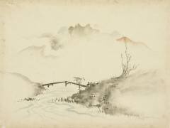 Paysage avec un fermier traversant un pont (Hokusai) - Muzeo.com