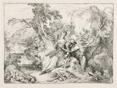 Paysage dans lequel un berger galant prend la taille d'une femme qui le menace de son éventail (François Boucher) - Muzeo.com