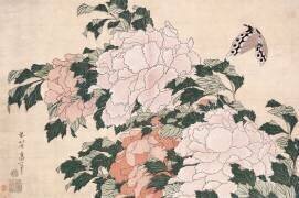 Pivoines roses et rouges soufflées vers la gauche dans une brise et un papillon (Hokusai) - Muzeo.com