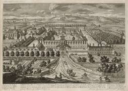 Planche 67: vue perspective de l'Hôpital Saint-Louis entre les faubourgs Montmartre et Saint Laurent (Famille des Perelle) - Muzeo.com