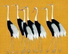 Portrait traditionnel d'une volée de magnifiques grues couronnées japonaises (Ogata Korin) - Muzeo.com