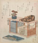 Surimono illustrant une armoire à livres (Keisai Eisen) - Muzeo.com