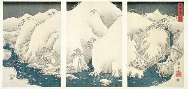 Tempête de neige dans les montagnes et les rivières de Kiso (Hiroshige) - Muzeo.com